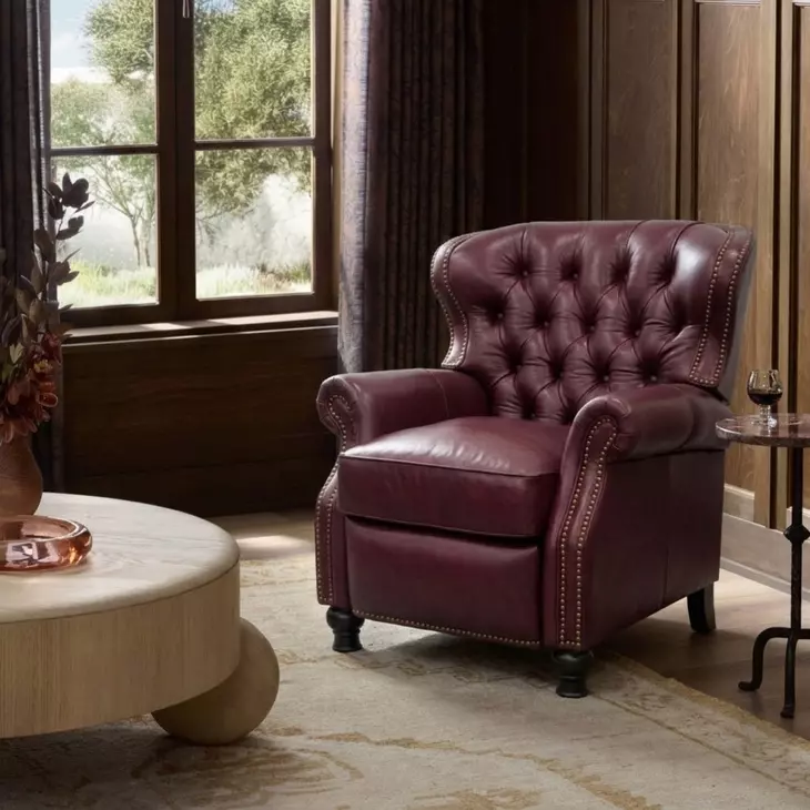 Presidential Shoreham Wine Leather Push Thru The Arms Recliner with Nailhead Trim