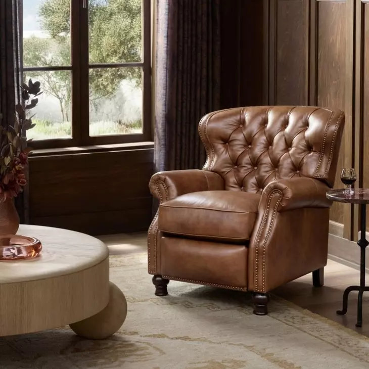 Presidential Wenlock Tawny Leather Push Thru The Arms Recliner with Nailhead Trim