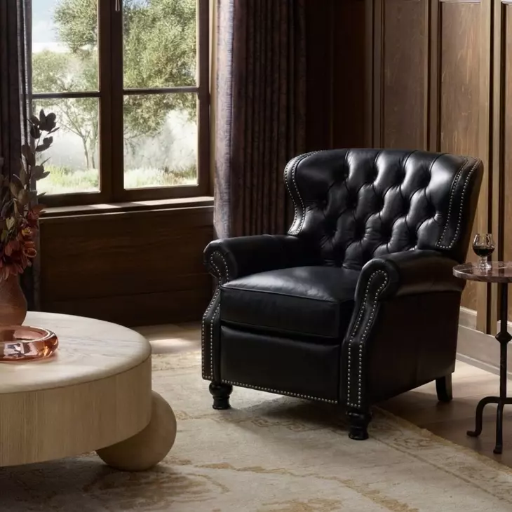 Presidential Wenlock Onyx Leather Push Thru The Arms Recliner with Nailhead Trim