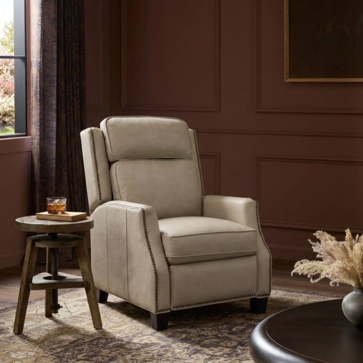 Van Buren Shoreham Cream Leather Push Thru The Arms Recliner with Nailhead Trim