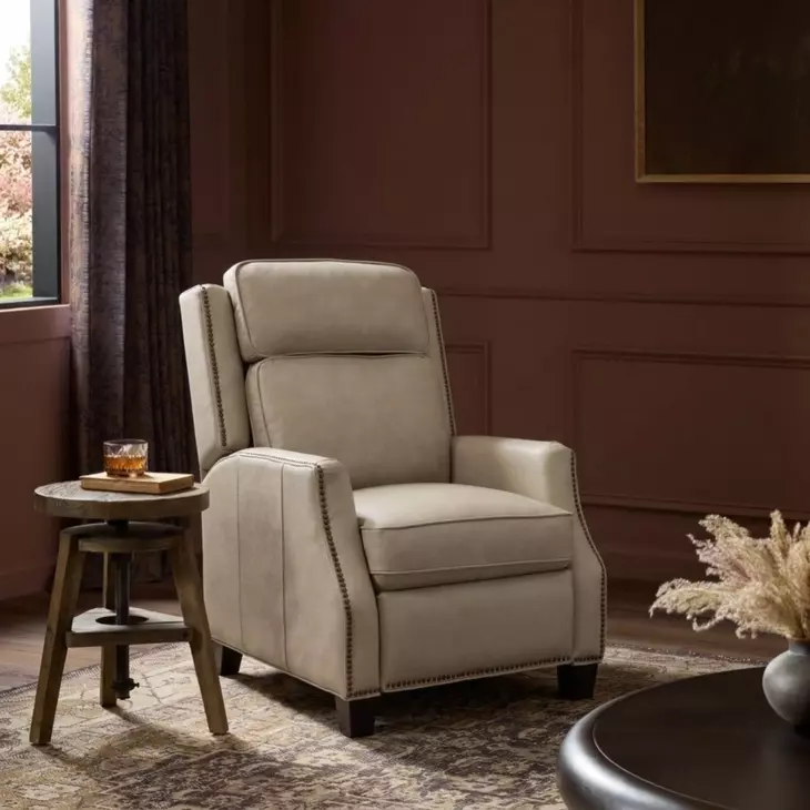 Van Buren Shoreham Cream Leather Push Thru The Arms Recliner with Nailhead Trim