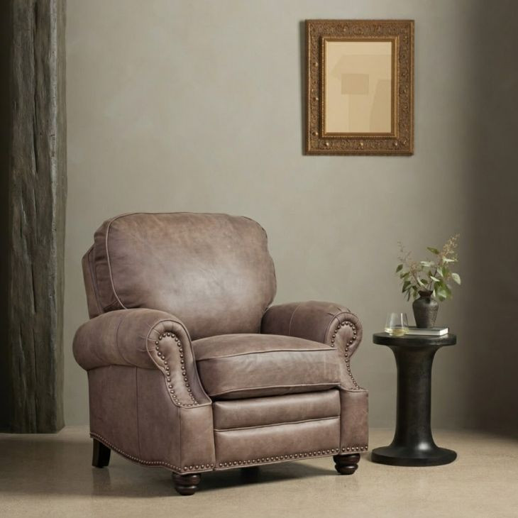 Longhorn Dark Sanded Bomber Leather Push Thru The Arms Recliner with Nailhead Trim