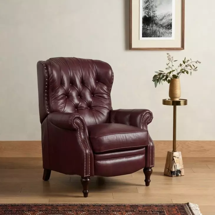 Kendall Shoreham Wine Leather Push Thru The Arms Recliner with Nailhead Trim