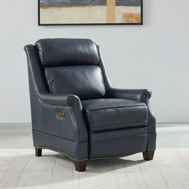 Warrendale Shoreham Blue Leather Power Recliner with Nailhead Trim and USB Charging