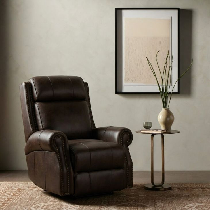 Blair Ashford Walnut Leather Power Recliner with Nailhead Trim and USB Charging