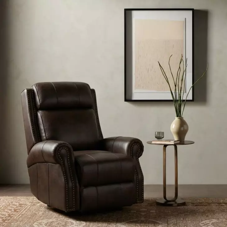 Blair Ashford Walnut Leather Power Recliner with Nailhead Trim and USB Charging