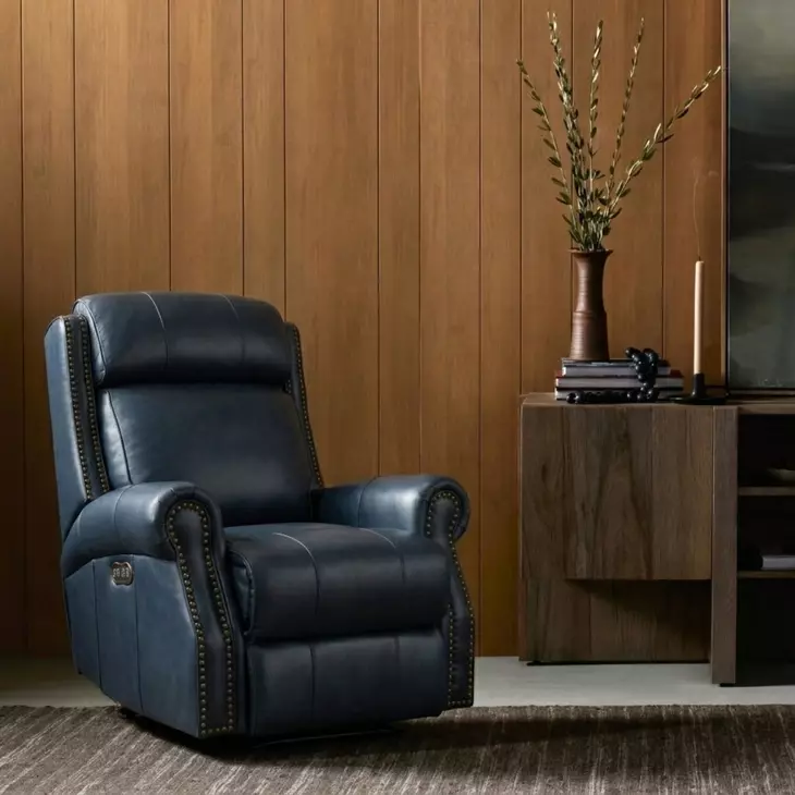 Blair Shoreham Blue Leather Power Recliner with Nailhead Trim and USB Charging