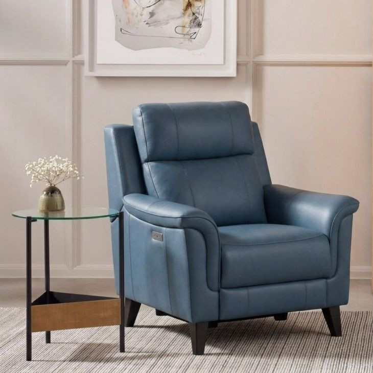Kester Masen Bluegray Leather Power Recliner with Power Headrest and USB Charging