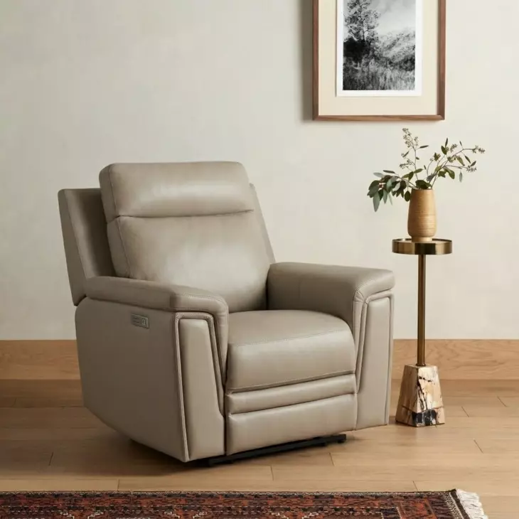 Harper Berlin Taupe Leather Power Recliner with Power Lumbar and USB Charging