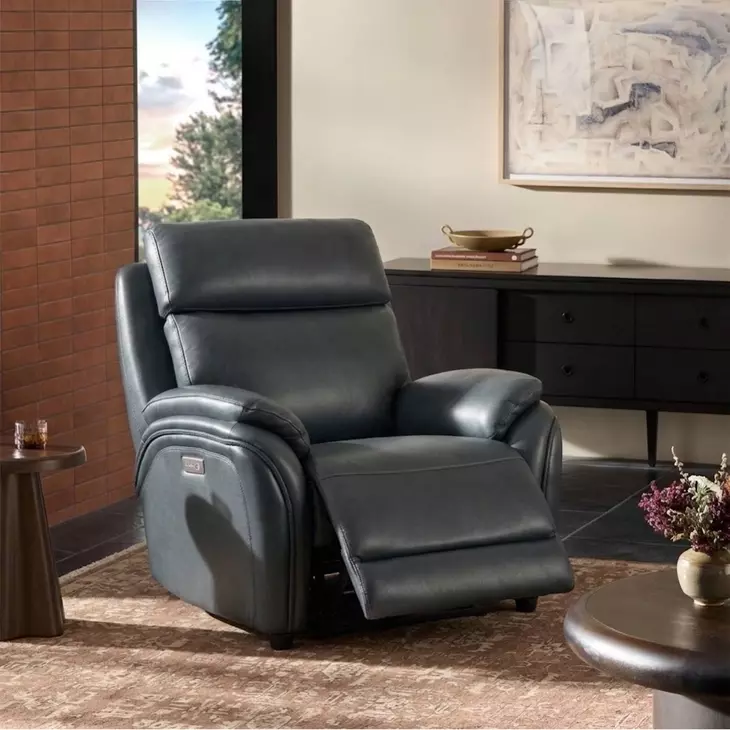 Corry Pretty G Dark Blue Leather Power Recliner with Power Lumbar and USB Charging