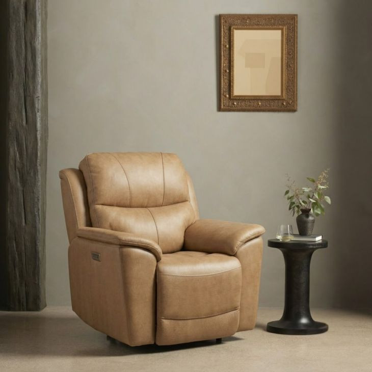 Kaden Elliott Taupe Leather Power Recliner with Power Lumbar and USB Charging