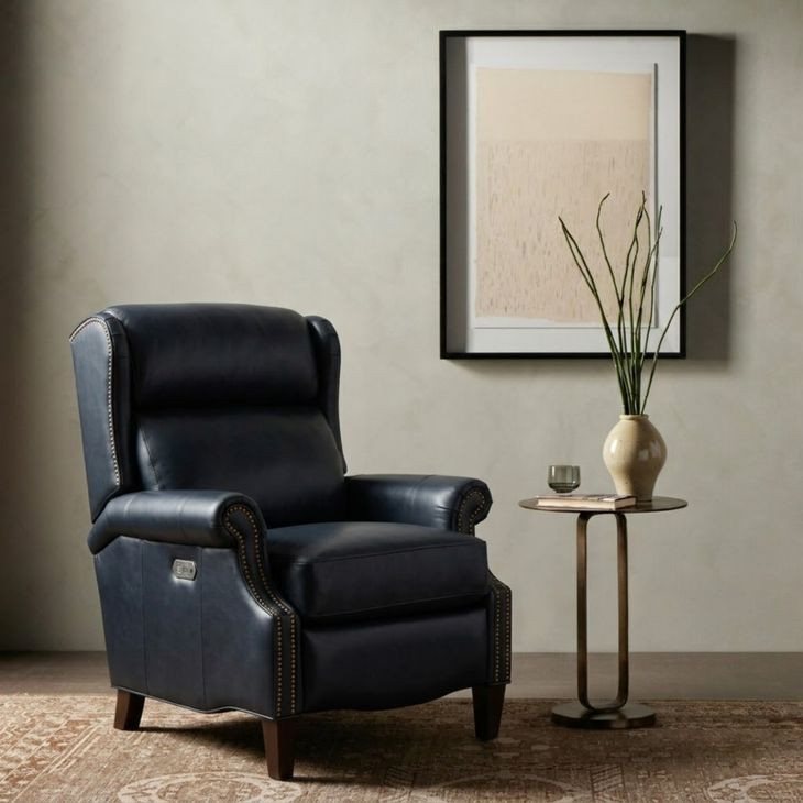 Philadelphia Shoreham Blue Leather Triple Power Recliner with USB Charging and Nailhead Trim
