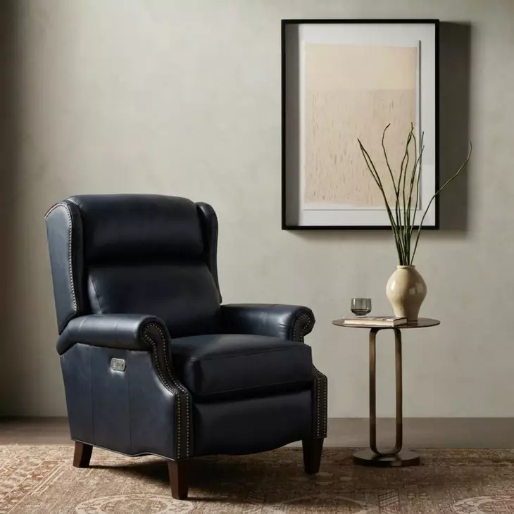 Philadelphia Shoreham Blue Leather Triple Power Recliner with USB Charging and Nailhead Trim
