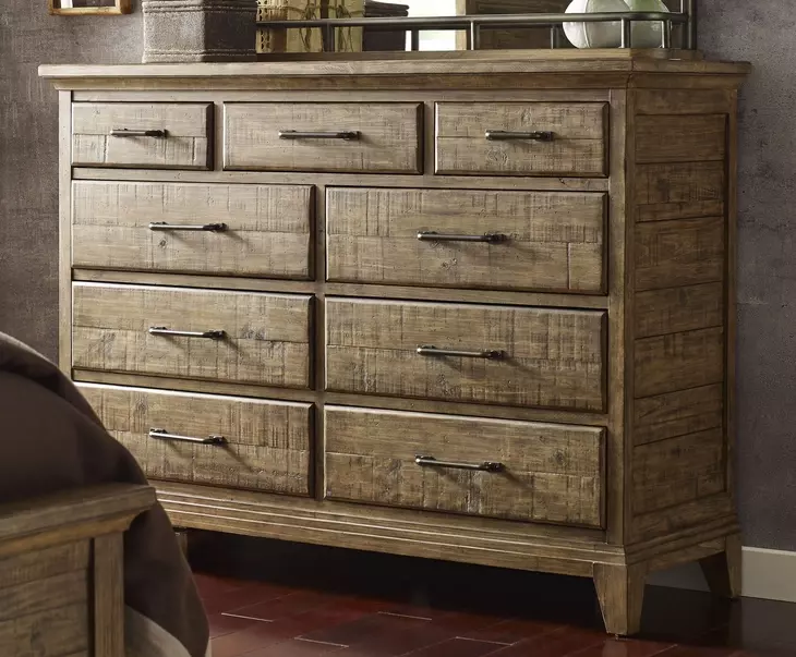Heritage Timber Sandstone and Gray 9 Drawer Westwood Bureau with Rectangular Landscape Mirror