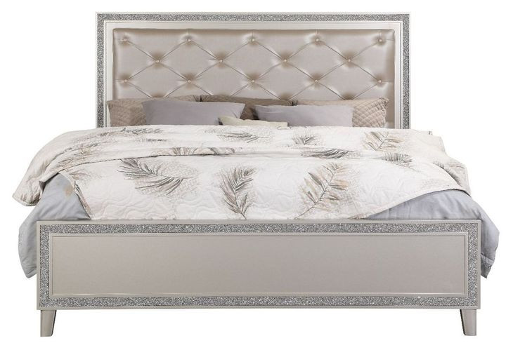 Sliverfluff Silver and Champagne King Upholstered Panel Bed with LED
