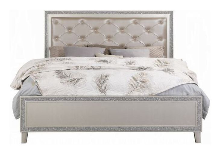 Sliverfluff Silver and Champagne Queen Upholstered Panel Bed with LED