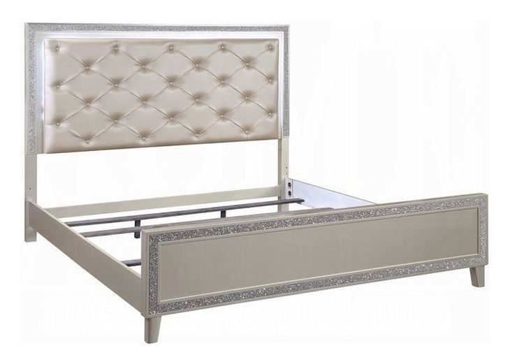 Sliverfluff Silver and Champagne Queen Upholstered Panel Bed with LED