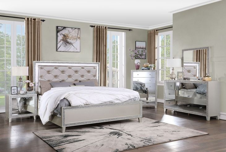 Sliverfluff Silver and Champagne King Upholstered Panel Bed with LED