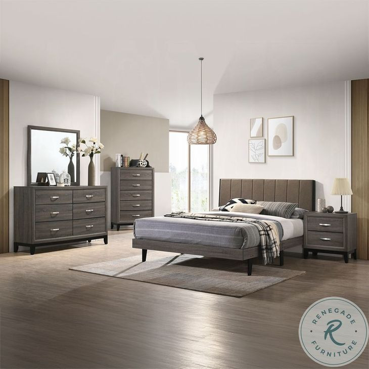 Valdemar Brown Fabric and Weathered Gray Upholstered Bedroom Set