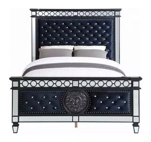 Varian II Dark Navy and Silver King Upholstered Panel Bed with Nailhead Trim