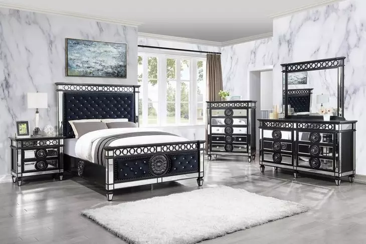 Varian II Dark Navy and Silver King Upholstered Panel Bed with Nailhead Trim