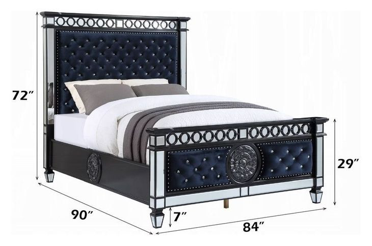 Varian II Dark Navy and Silver King Upholstered Panel Bed with Nailhead Trim