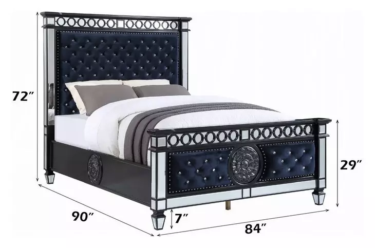 Varian II Dark Navy and Silver King Upholstered Panel Bed with Nailhead Trim