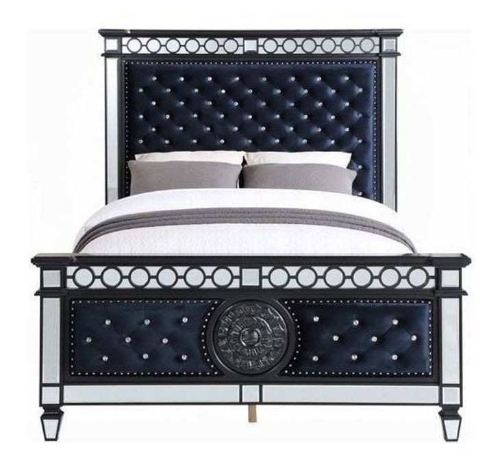 Varian II Dark Navy and Silver Upholstered Panel Bedroom Set with Nailhead Trim