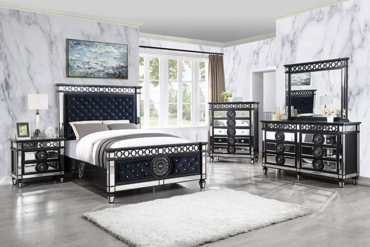 Varian II Dark Navy and Silver Upholstered Panel Bedroom Set with Nailhead Trim