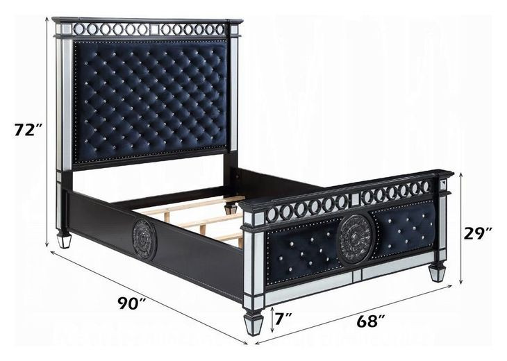 Varian II Dark Navy and Silver Queen Upholstered Panel Bed with Nailhead Trim