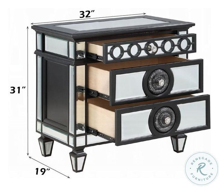 Varian II Black and Silver Mirrored 3 Drawer Nightstand