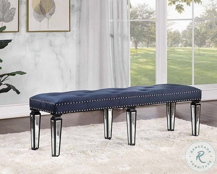 Varian II Dark Navy Velvet Black and Silver Mirrored 60" Upholstered Bench