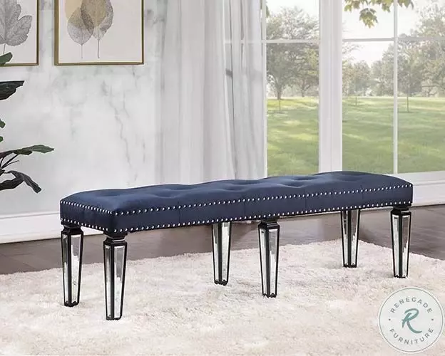 Varian II Dark Navy Velvet Black and Silver Mirrored 60" Upholstered Bench
