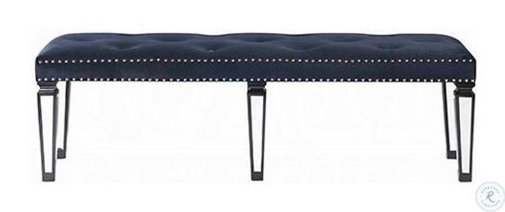 Varian II Dark Navy Velvet Black and Silver Mirrored 60" Upholstered Bench