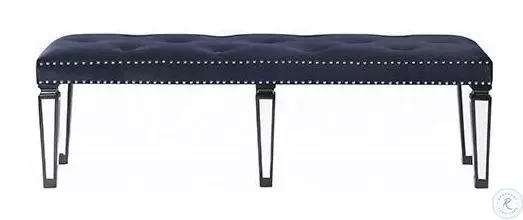 Varian II Dark Navy Velvet Black and Silver Mirrored 60" Upholstered Bench