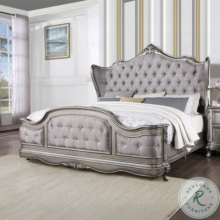 Ariadne Velvet and Antique Platinum Eastern King Upholstered Bed