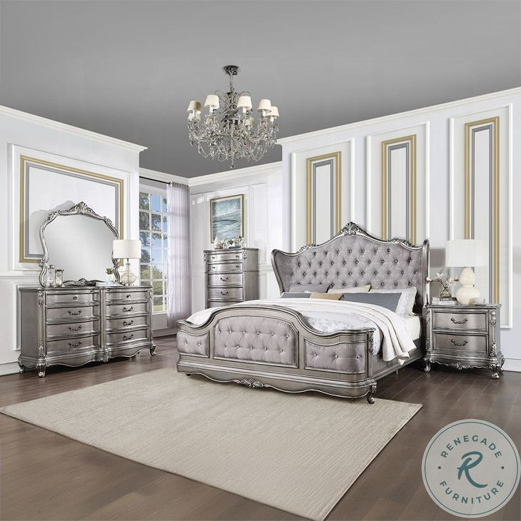 Ariadne Velvet and Antique Platinum Upholstered Bedroom Set