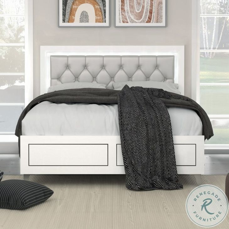 Casilda Gray Synthetic Leather and White Queen Upholstered Bed with LED Lighting