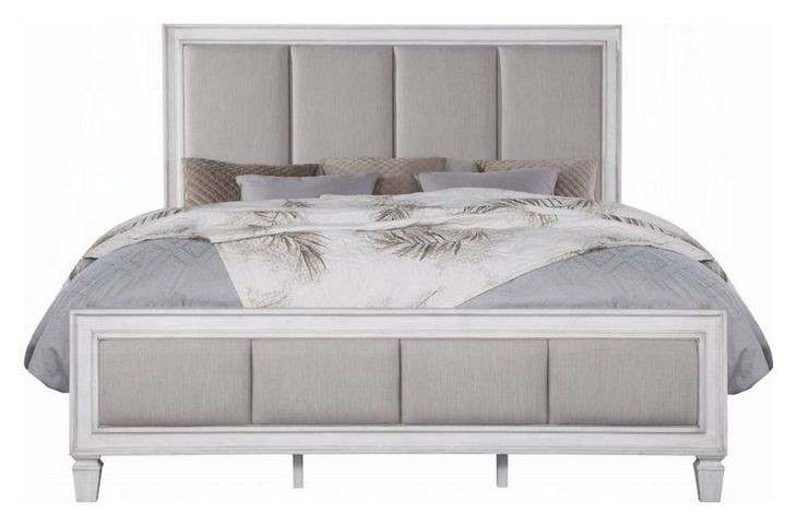 Katia Light Gray and Weathered White King Upholstered Panel Bed
