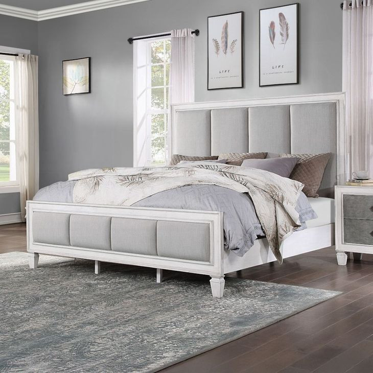 Katia Light Gray and Weathered White King Upholstered Panel Bed