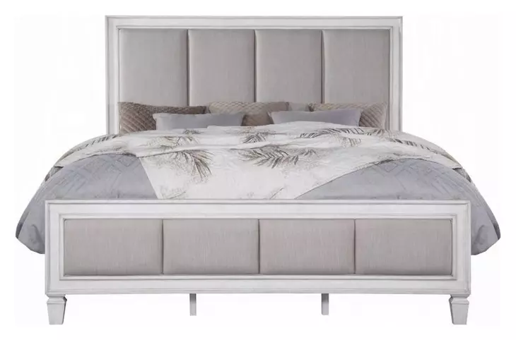 Katia Light Gray and Weathered White Queen Upholstered Panel Bed