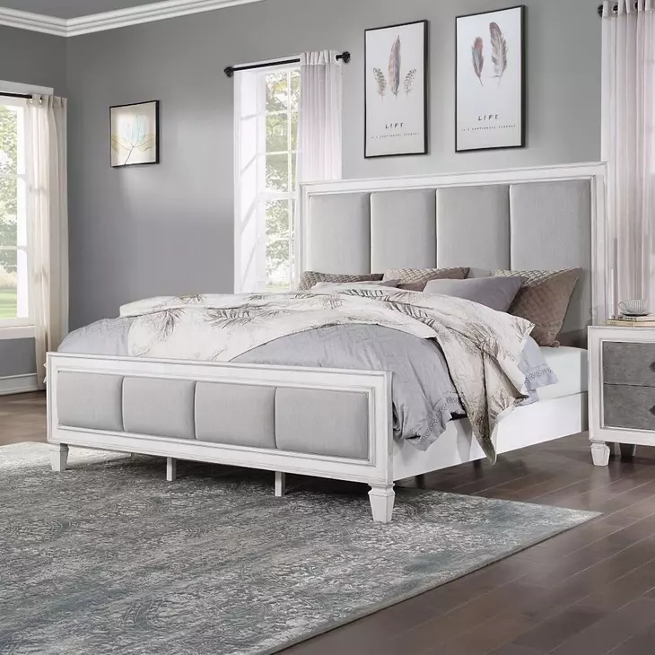 Katia Light Gray and Weathered White Upholstered Panel Bedroom Set