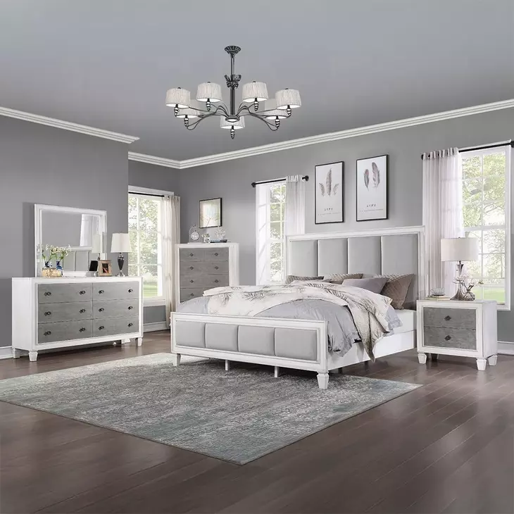 Katia Light Gray and Weathered White Upholstered Panel Bedroom Set
