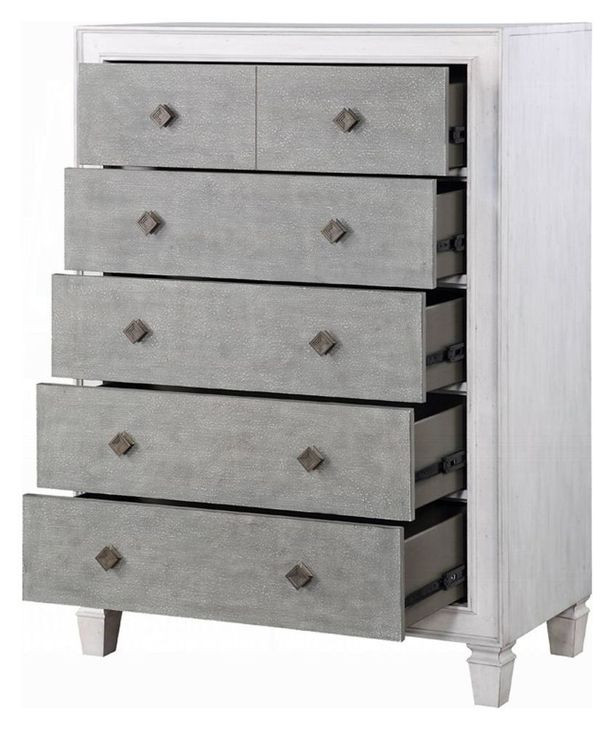 Katia Light Gray and Weathered White Upholstered Panel Bedroom Set