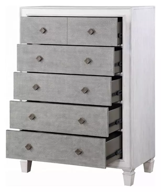 Katia Light Gray and Weathered White Upholstered Panel Bedroom Set