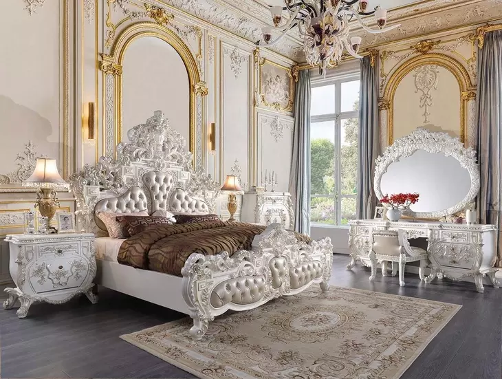 Vanaheim Beige and Antique White King Upholstered Panel Bed