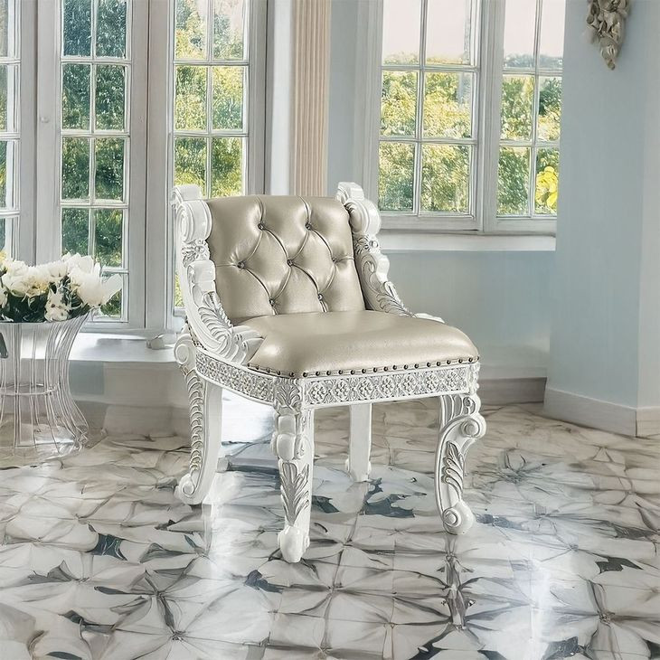 Vanaheim Beige Upholstered Vanity Stool with Nailhead Trim