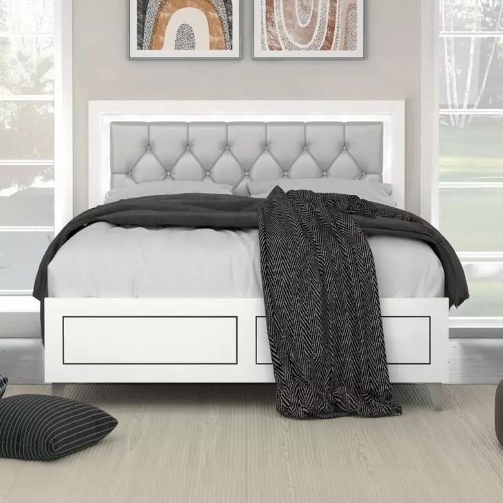 Casilda Gray and White King Upholstered Panel Bed with LED