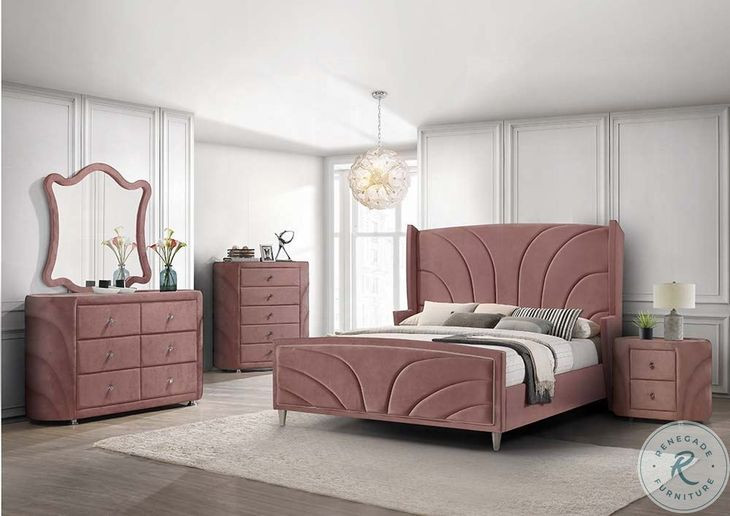 Salonia Pink Velvet Upholstered Platform Bedroom Set