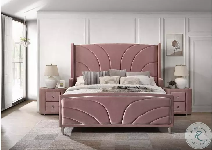 Salonia Pink Velvet Queen Upholstered Platform Bed